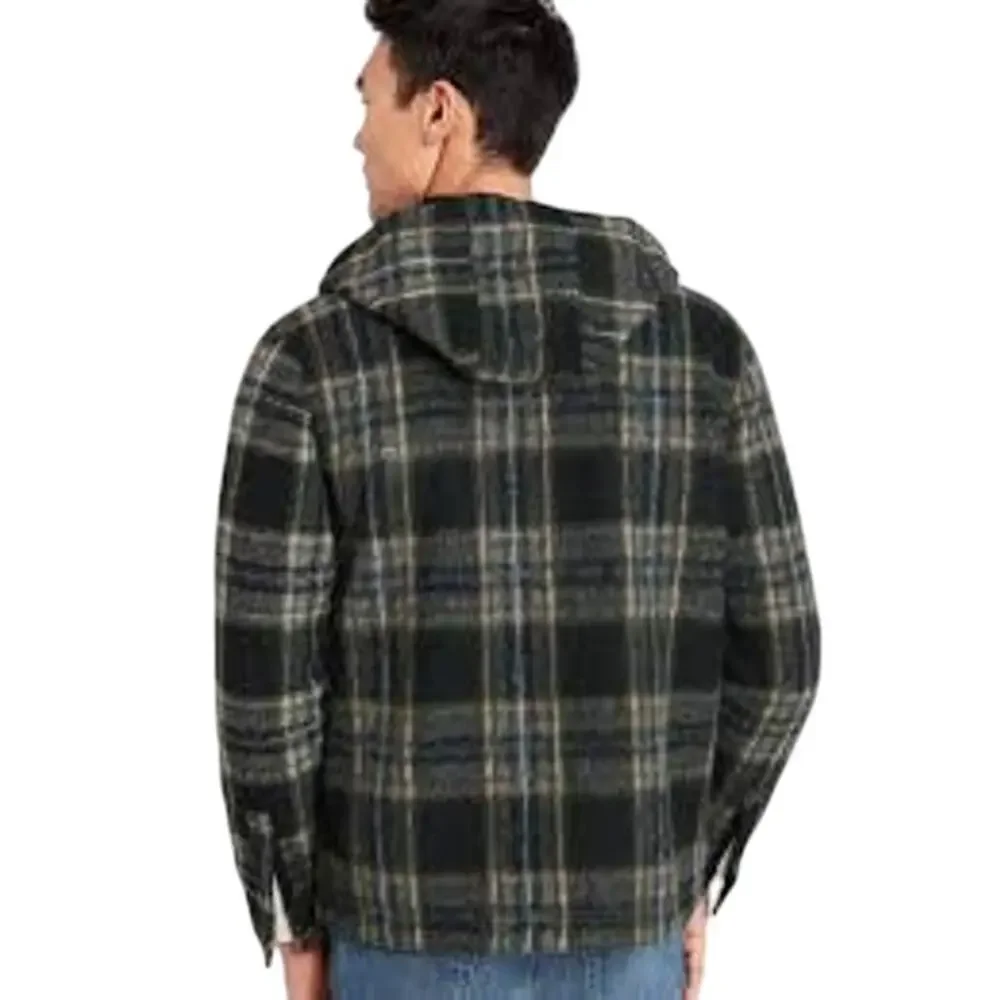 Banana Republic Wool Black Plaid Hooded Shirt Sweater Button Up Jacket Pockets